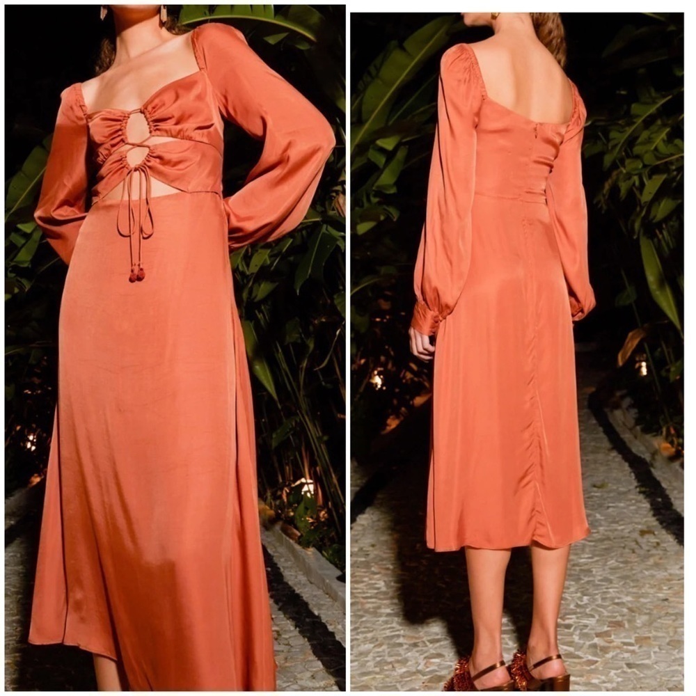 Farm Rio Caramel Cutout Front-Tie Satin Midi Dress
